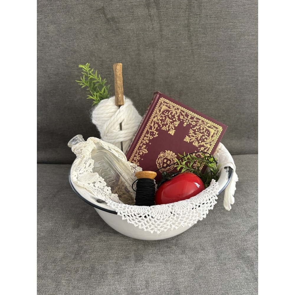 Vintage Upcycled Repurposed Primitive Vignette Tabletop Decor Enamel Bowl